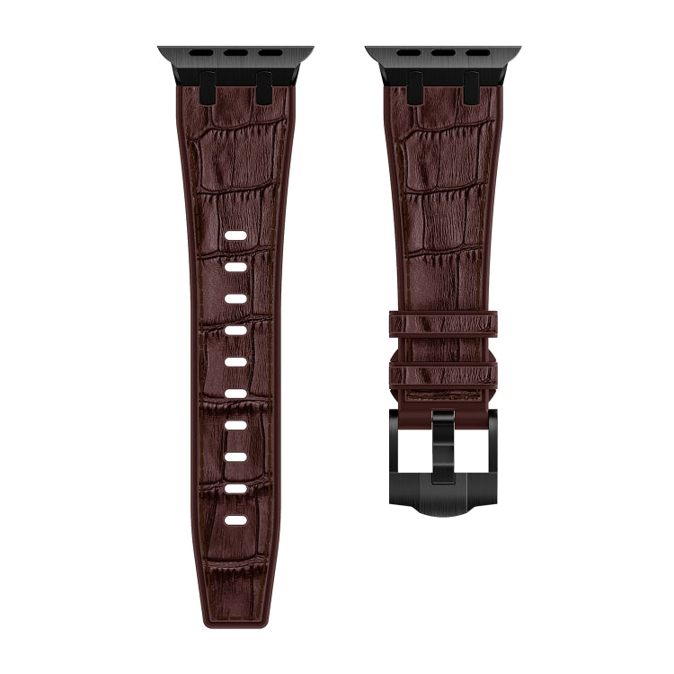 For Apple Watch Series 7 45mm Crocodile Texture Liquid Silicone Watch Band(Black Dark Brown)