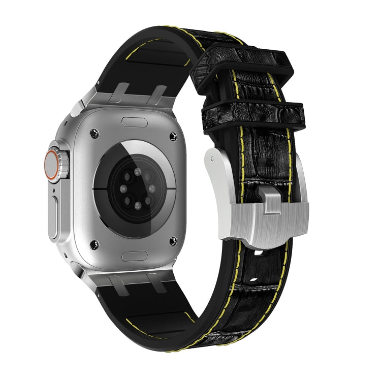 For Apple Watch Series 5 44mm Crocodile Texture Liquid Silicone Watch Band(Silver Yellow Black)