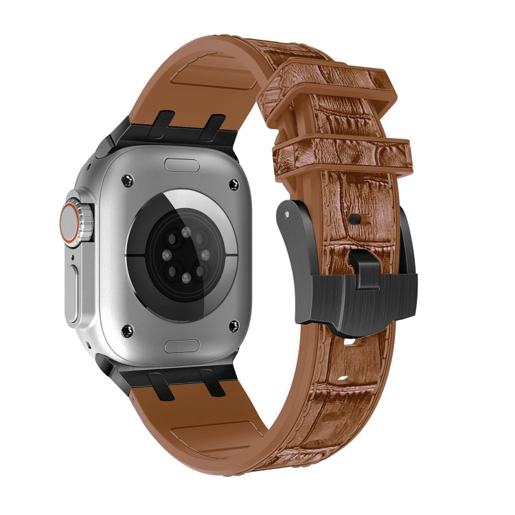For Apple Watch Series 4 44mm Crocodile Texture Liquid Silicone Watch Band(Black Yellow Brown)
