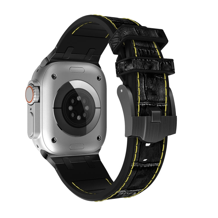 For Apple Watch 42mm Crocodile Texture Liquid Silicone Watch Band(Black Yellow Black)