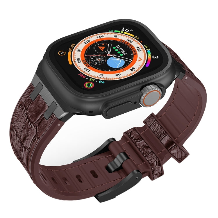 For Apple Watch 42mm Crocodile Texture Liquid Silicone Watch Band(Black Dark Brown)