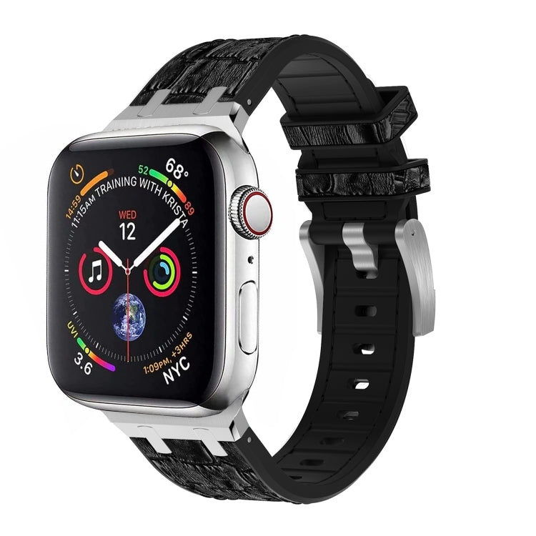 For Apple Watch 42mm Crocodile Texture Liquid Silicone Watch Band(Silver Black)