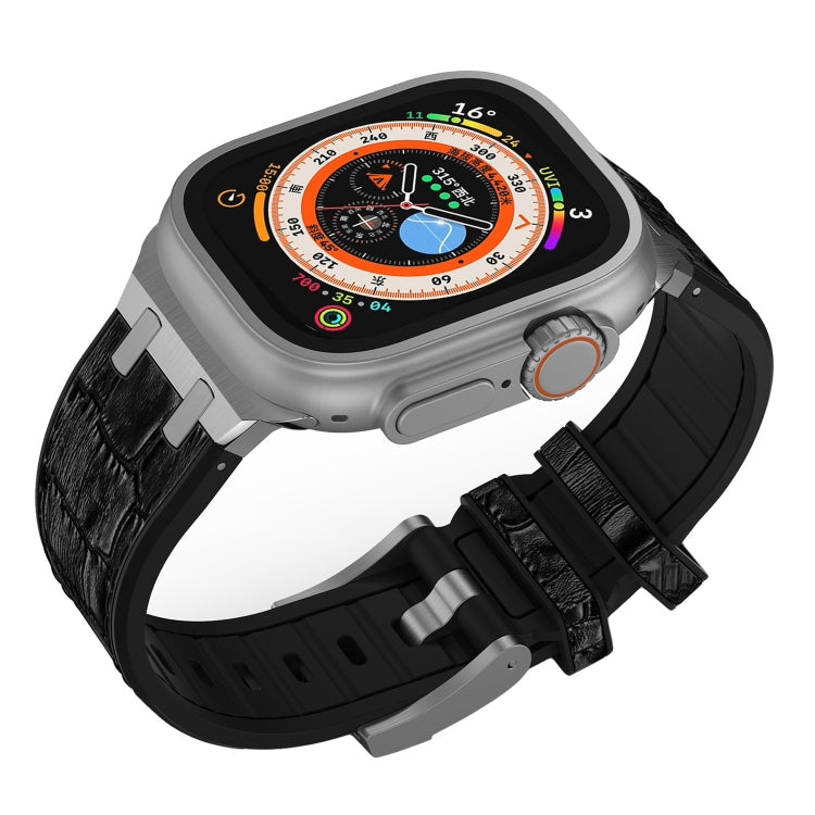 For Apple Watch 42mm Crocodile Texture Liquid Silicone Watch Band(Silver Black)