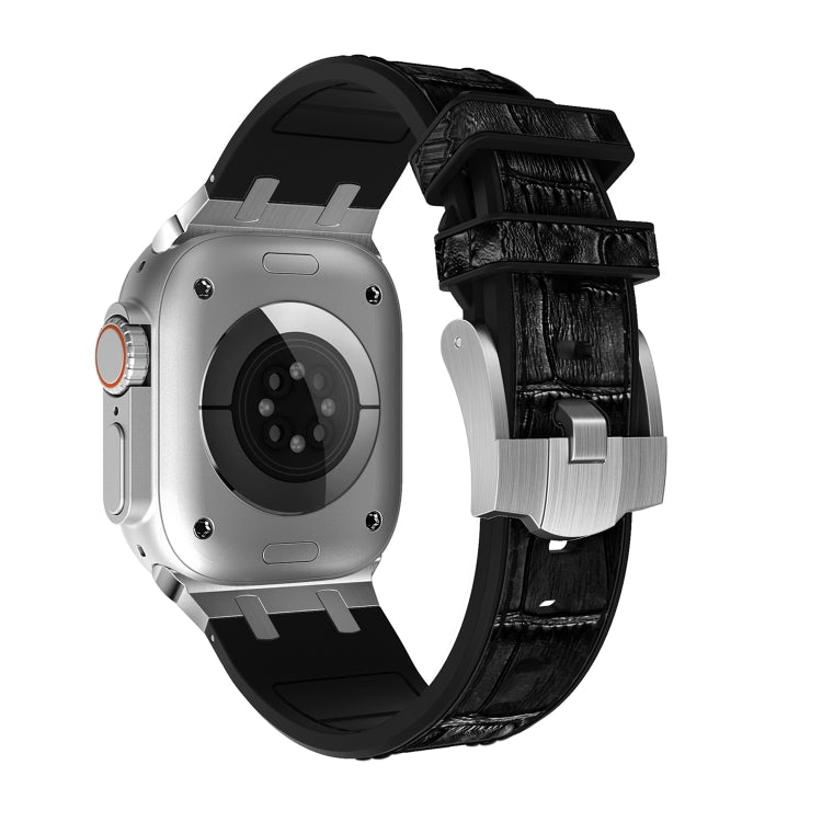 For Apple Watch 42mm Crocodile Texture Liquid Silicone Watch Band(Silver Black)