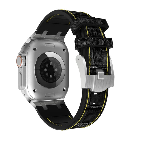 For Apple Watch 42mm Crocodile Texture Liquid Silicone Watch Band(Silver Yellow Black)