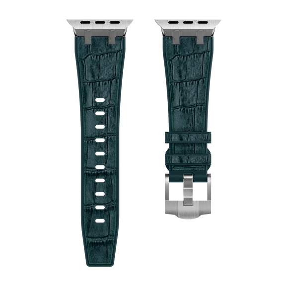 For Apple Watch 42mm Crocodile Texture Liquid Silicone Watch Band(Silver Deep Green)
