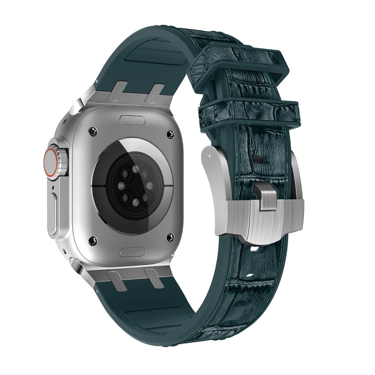 For Apple Watch 42mm Crocodile Texture Liquid Silicone Watch Band(Silver Deep Green)