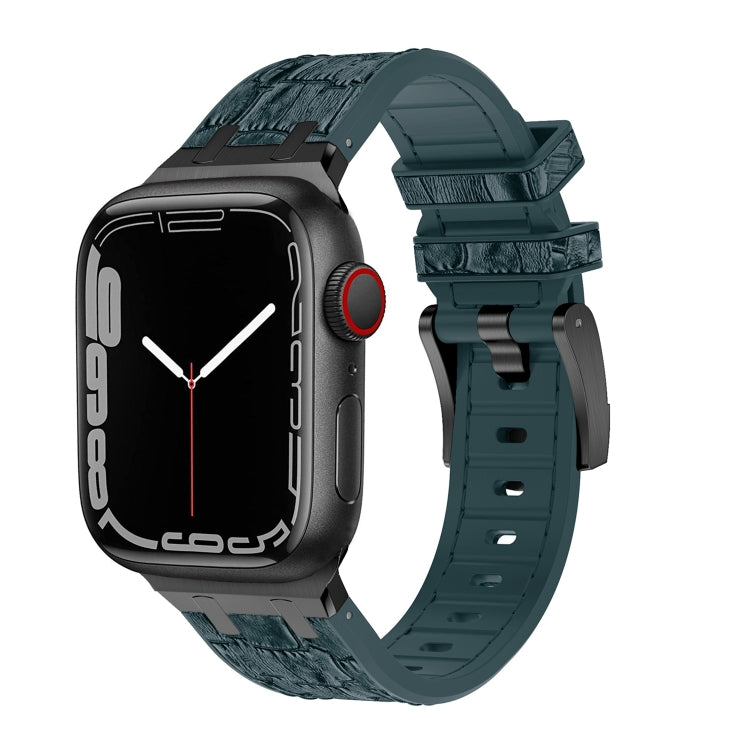For Apple Watch 38mm Crocodile Texture Liquid Silicone Watch Band(Black Deep Green)