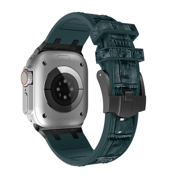 For Apple Watch 38mm Crocodile Texture Liquid Silicone Watch Band(Black Deep Green)