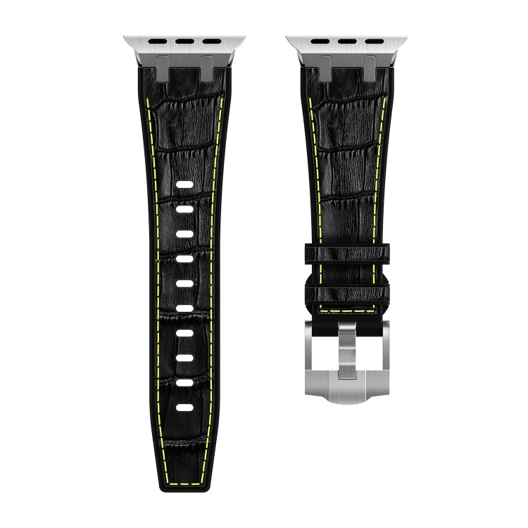 For Apple Watch 38mm Crocodile Texture Liquid Silicone Watch Band(Silver Yellow Black)