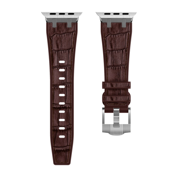 For Apple Watch 38mm Crocodile Texture Liquid Silicone Watch Band(Silver Dark Brown)