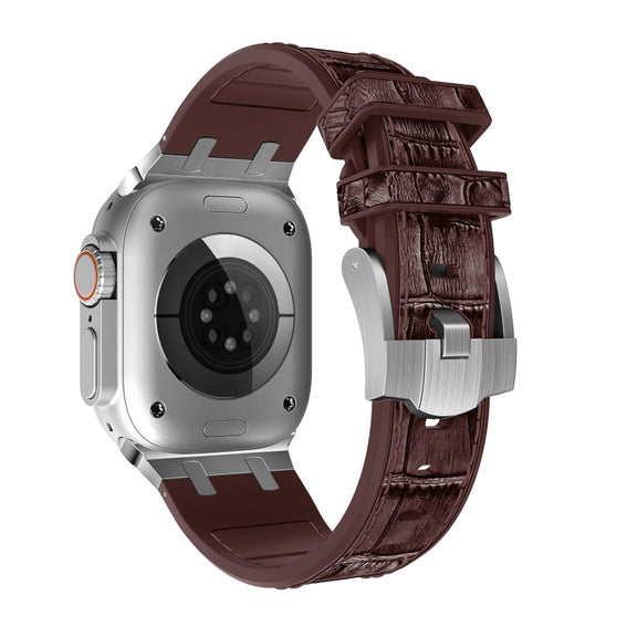 For Apple Watch 38mm Crocodile Texture Liquid Silicone Watch Band(Silver Dark Brown)
