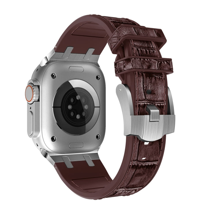 For Apple Watch 38mm Crocodile Texture Liquid Silicone Watch Band(Silver Dark Brown)