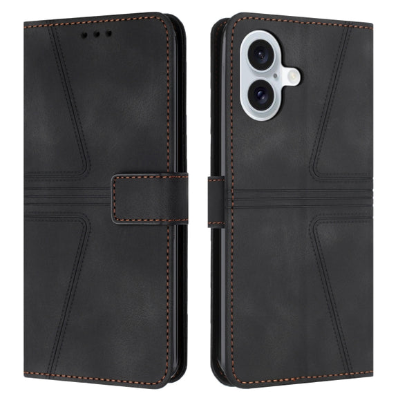 For iPhone 16 Triangle Solid Color Leather Phone Case(Black)