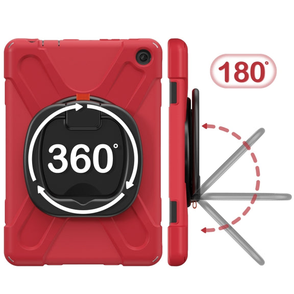 For Amazon Kindle Fire HD10 2023 Silicone Hybrid PC Tablet Case with Holder & Shoulder Strap(Red)