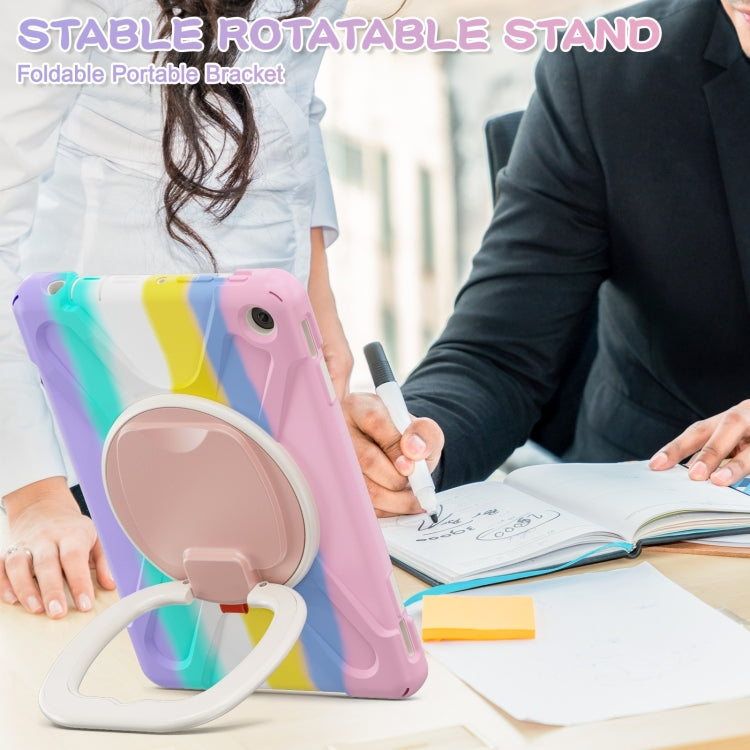 For Amazon Kindle Fire HD10 2023 Silicone Hybrid PC Tablet Case with Holder & Shoulder Strap(Colorful Pink)