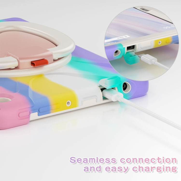 For Amazon Kindle Fire HD10 2023 Silicone Hybrid PC Tablet Case with Holder & Shoulder Strap(Colorful Pink)