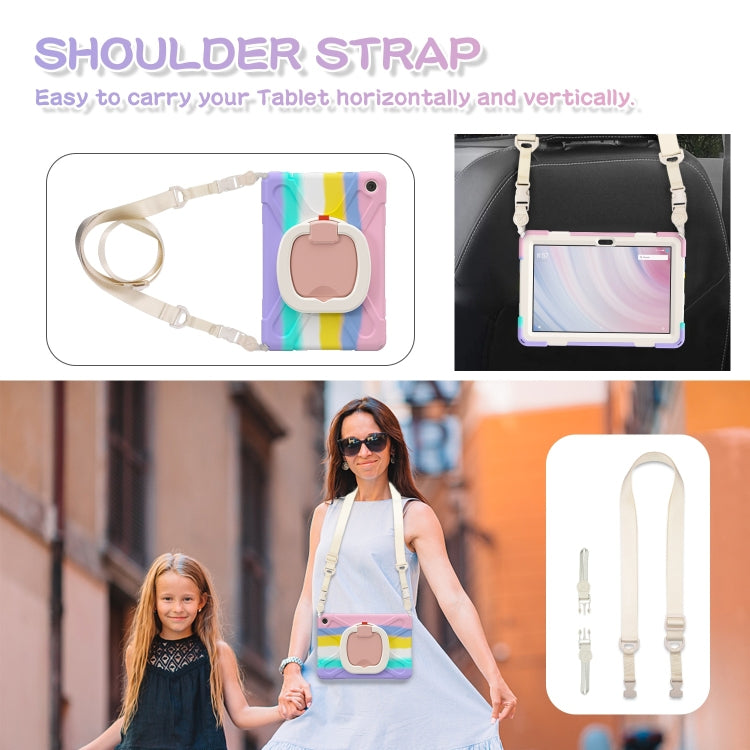 For Amazon Kindle Fire HD10 2023 Silicone Hybrid PC Tablet Case with Holder & Shoulder Strap(Colorful Pink)