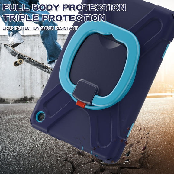 For Amazon Kindle Fire HD10 2023 Silicone Hybrid PC Tablet Case with Holder & Shoulder Strap(Navy Blue)