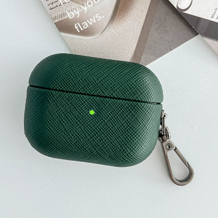 For AirPods Pro Cross Texture PU Leather Bluetooth Earphone Protective Case(Dark Green)