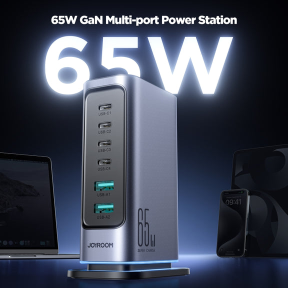 JOYROOM JR-TCM02 6 in 1 65W GaN 4 USB-C & 2 USB-A Multi-port Charger, Power Plug:EU Plug(Dark Gray)