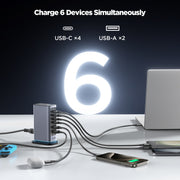 JOYROOM JR-TCM02 6 in 1 65W GaN 4 USB-C & 2 USB-A Multi-port Charger, Power Plug:EU Plug(Dark Gray)