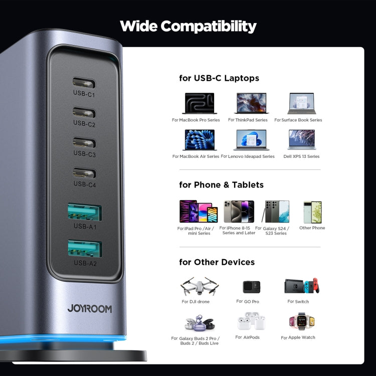 JOYROOM JR-TCM02 6 in 1 65W GaN 4 USB-C & 2 USB-A Multi-port Charger, Power Plug:UK Plug(Dark Gray)