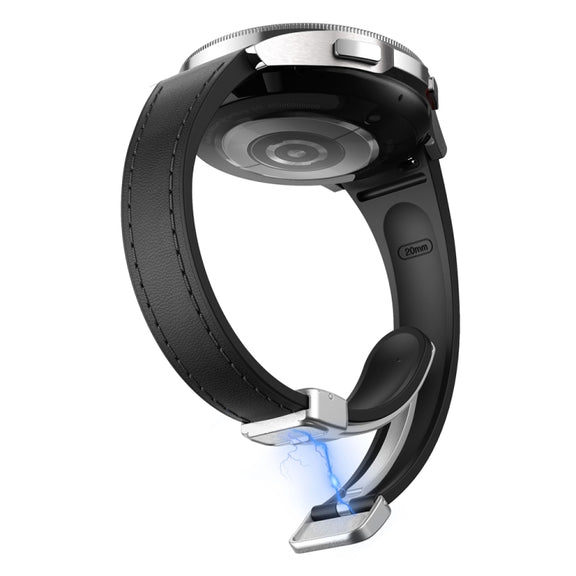 For Samsung Galaxy Watch 6 Slim Magnetic Silver Buckle Leather Silicone Watch Band(Black)