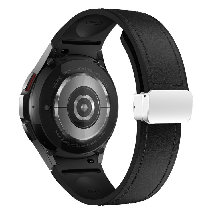 For Samsung Galaxy Watch 6 Magnetic Silver Buckle Leather Silicone Watch Band(Black)