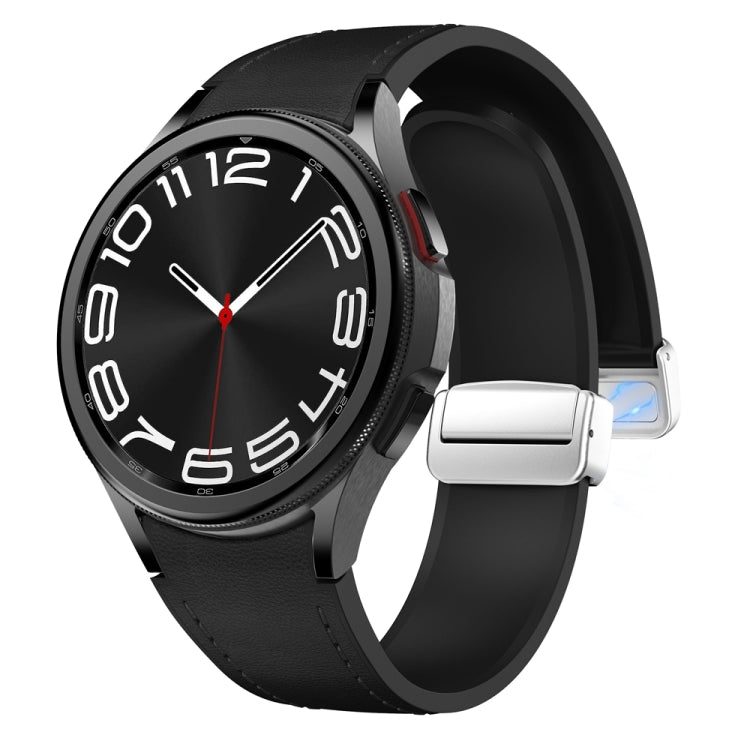 For Samsung Galaxy Watch 6 Magnetic Silver Buckle Leather Silicone Watch Band(Black)