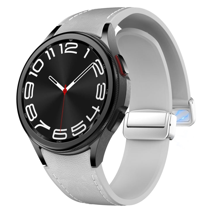 For Samsung Galaxy Watch 6 Magnetic Silver Buckle Leather Silicone Watch Band(Light Grey)