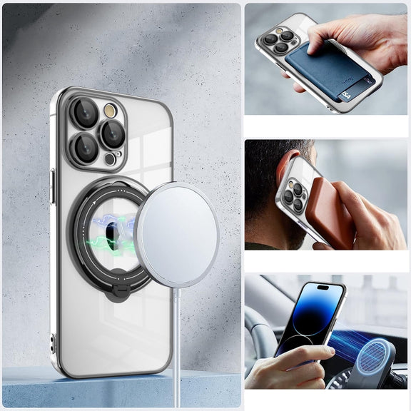 For iPhone 16 Electroplating MagSafe 360 Degree Rotation Holder Shockproof Phone Case(Black)