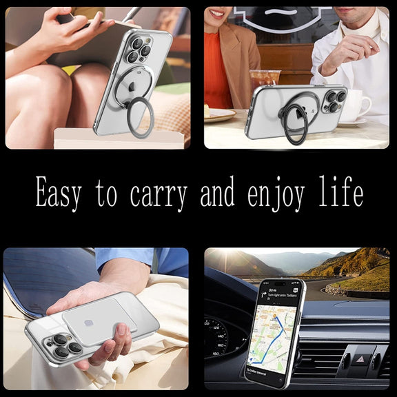 For iPhone 16 Electroplating MagSafe 360 Degree Rotation Holder Shockproof Phone Case(Black)