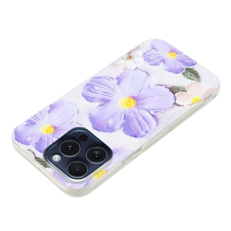 For iPhone 16 Pro Colorful Painting Pattern TPU Phone Case(Purple Flowers)
