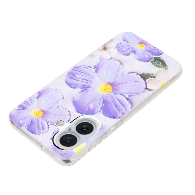 For iPhone 16 Colorful Painting Pattern TPU Phone Case(Purple Flowers)