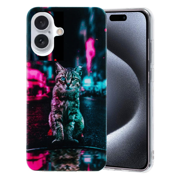 For iPhone 16 Colorful Painting Pattern TPU Phone Case(Traffic Light Cat)