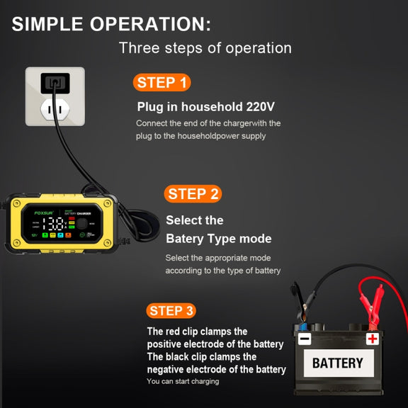 FOXSUR 7A 12V Car / Motorcycle Smart Battery Charger, Plug Type:EU Plug(Yellow)