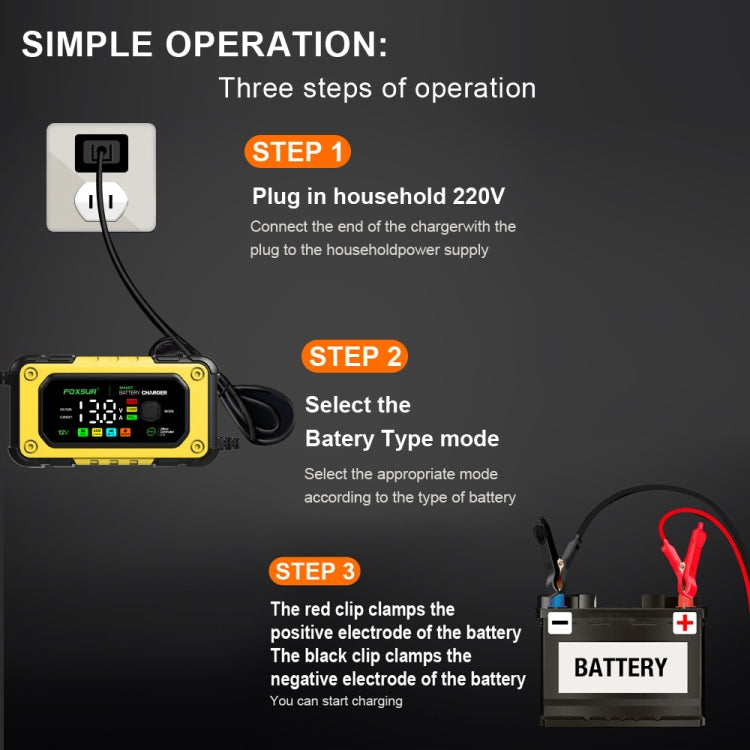 FOXSUR 7A 12V Car / Motorcycle Smart Battery Charger, Plug Type:UK Plug(Yellow)