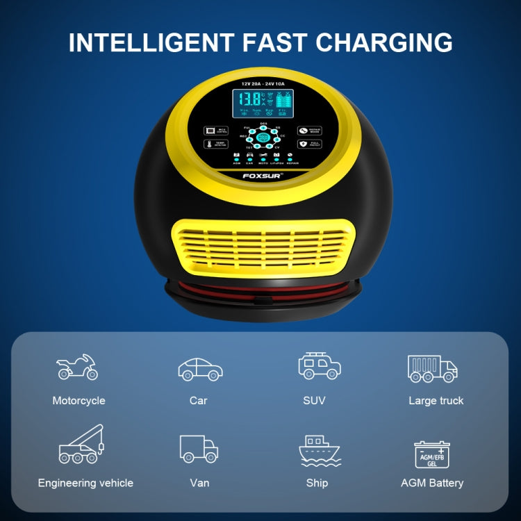 FOXSUR 20A 12V 24V Car / Motorcycle Smart Battery Charger, Plug Type:EU Plug(Yellow)
