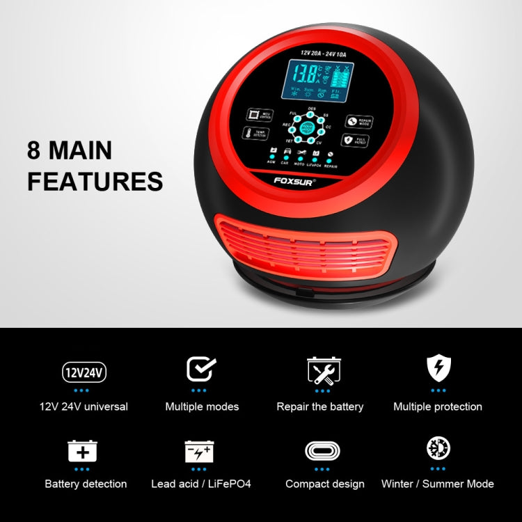 FOXSUR 20A 12V 24V Car / Motorcycle Smart Battery Charger, Plug Type:US Plug(Red)