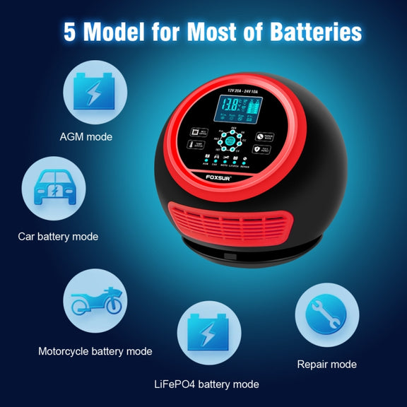 FOXSUR 20A 12V 24V Car / Motorcycle Smart Battery Charger, Plug Type:US Plug(Red)