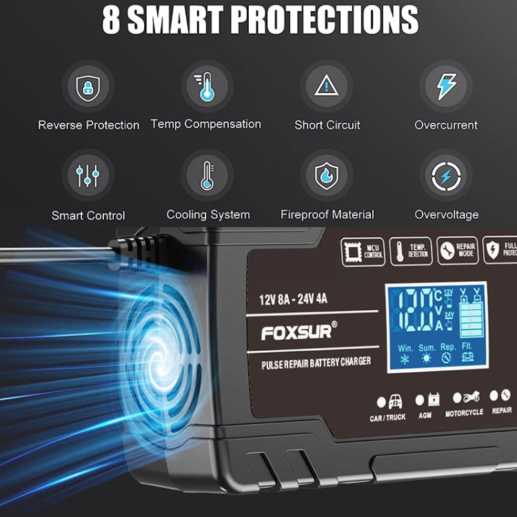 FOXSUR 8A 12V 24V Car / Motorcycle Smart Battery Charger, Plug Type:EU Plug(Black)