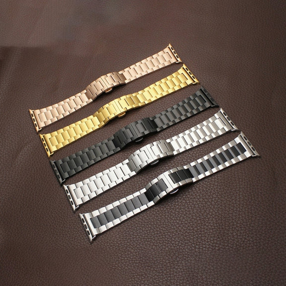 For Apple Watch 38mm Three-bead Butterfly Buckle Metal Watch Band(Gold)