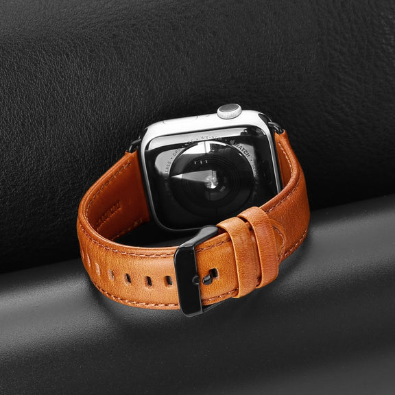 For Apple Watch SE 2022 44mm DUX DUCIS Business Genuine Leather Watch Strap(Khaki)