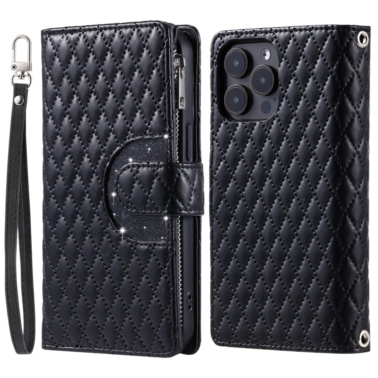 For iPhone 16 Pro Max Glitter Lattice Zipper Wallet Leather Phone Case(Black)