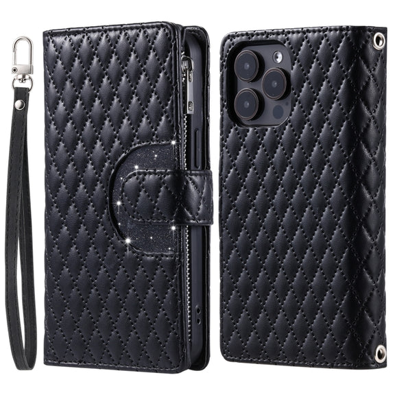 For iPhone 16 Pro Glitter Lattice Zipper Wallet Leather Phone Case(Black)