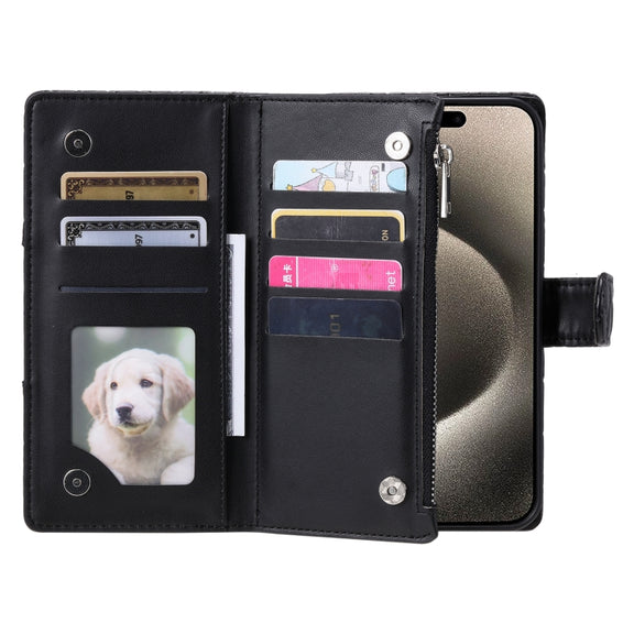 For iPhone 16 Pro Glitter Lattice Zipper Wallet Leather Phone Case(Black)