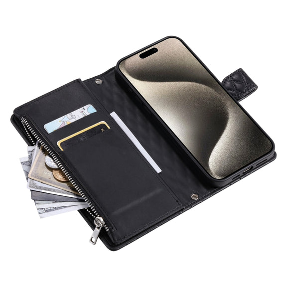 For iPhone 16 Pro Glitter Lattice Zipper Wallet Leather Phone Case(Black)