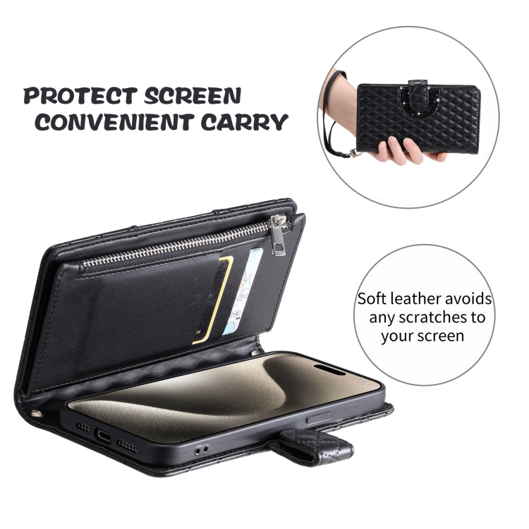 For iPhone 16 Pro Glitter Lattice Zipper Wallet Leather Phone Case(Black)