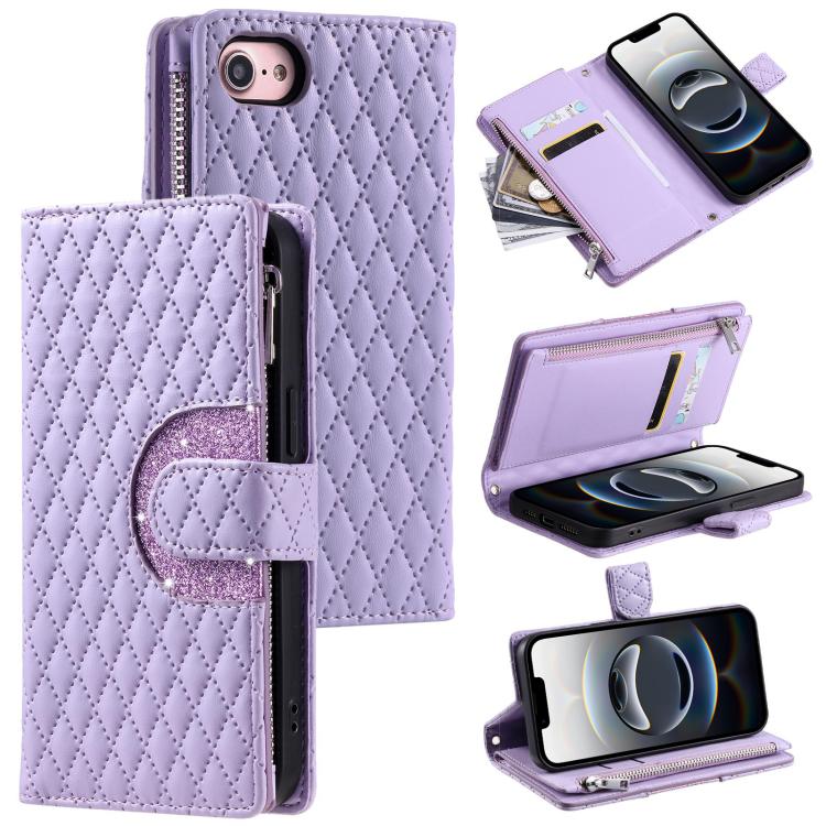 For iPhone 16e Glitter Lattice Zipper Wallet Leather Phone Case(Purple)